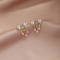 Pink Crystal Look Floral Fringe Small Stud Earrings view 2
