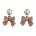Gold Pearl Pink Bow Drop Stud Earrings Crystal Edge Pair view 5
