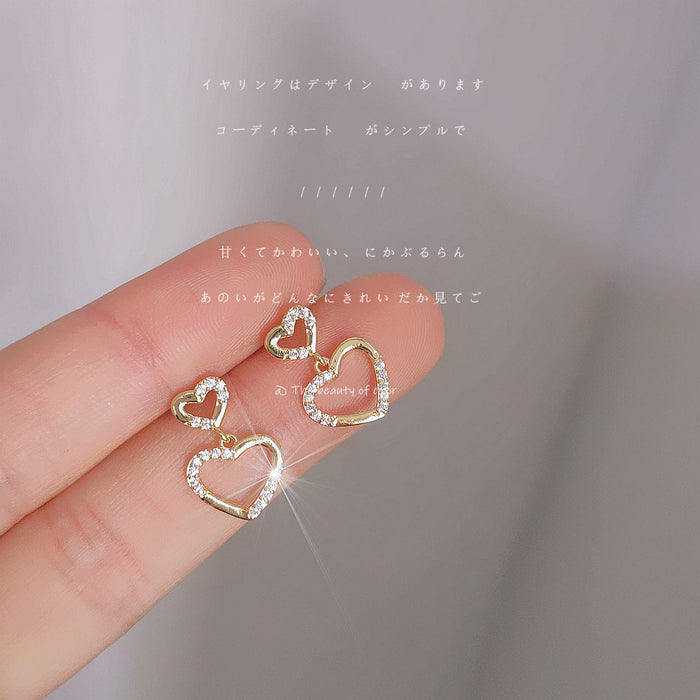 Gold-Tone Double Open Heart Crystal Drop Stud Earrings Pair