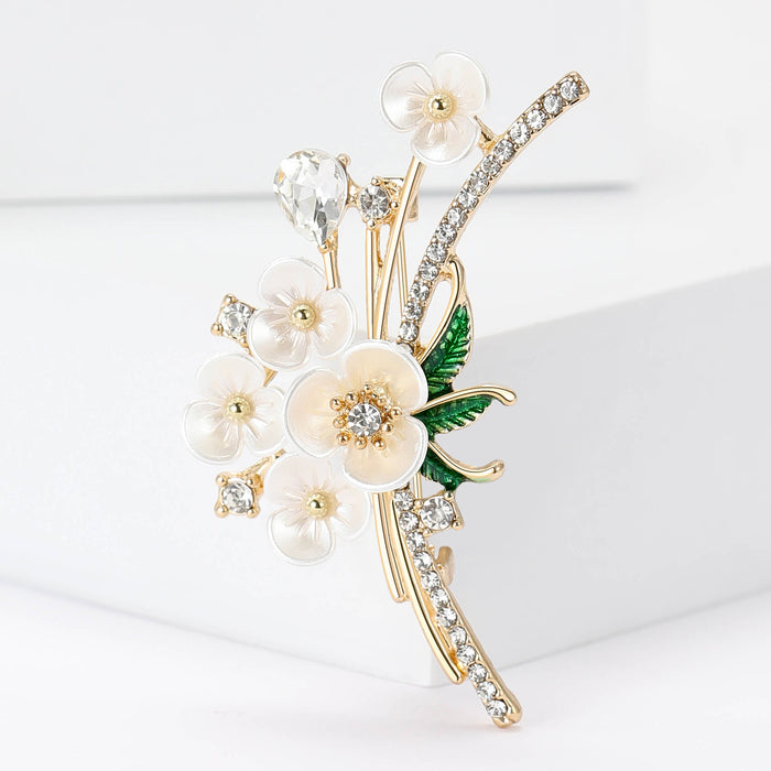 Shell Effect Blossom Branch Brooch With Green Leaves and Crystals
