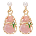 Gold Tone Pink Gourd Pearl Drop Earrings with Leaf Detail view 5