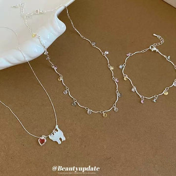Silver Multicolor Crystal Teardrop Necklace Bracelet Cat Pendant
