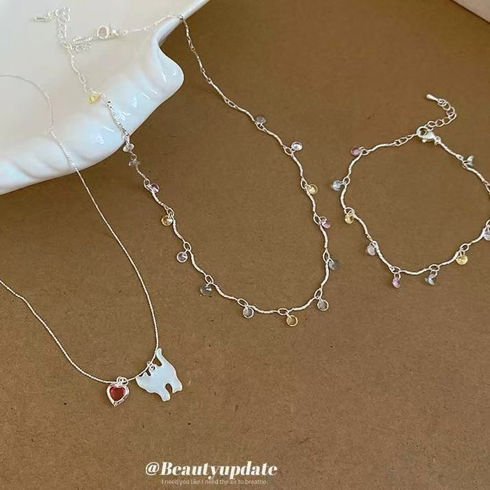 Silver Multicolor Crystal Teardrop Necklace Bracelet Cat Pendant