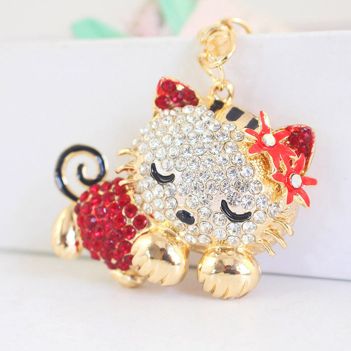 Cute Rhinestone Sleeping Cat with Flower Keychain Bag Charm