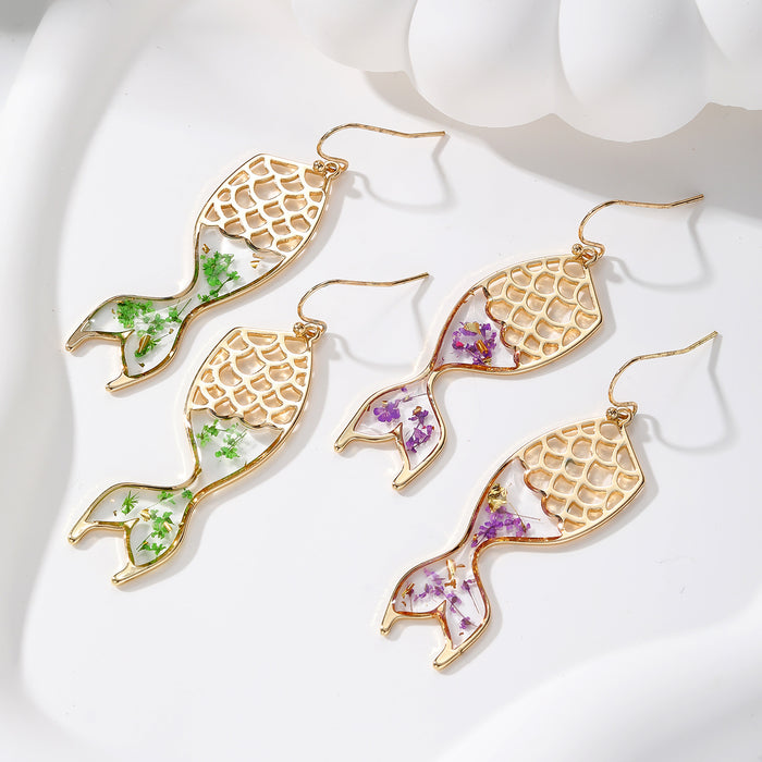 Gold Tone Mermaid Tail Pressed Flower Resin Hook Earrings