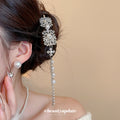 Silver Rhinestone Square Filigree Pearl Tassel Hair Barrette view 3