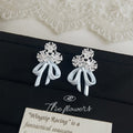 Silver Zircon Flower Cluster Light Blue Bow Drop Earrings view 4
