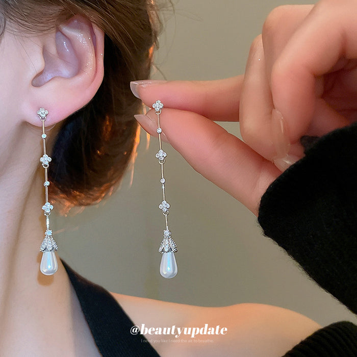 Silver Tone Crystal and Pearl Drop Earrings with Long Chains