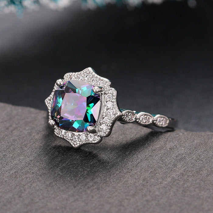 Iridescent Square Stone Floral Halo Ring Polished Jewelry Accessory