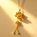 Gold Double Lotus Flower Pendant Necklace Chain Tassel Drop view 4