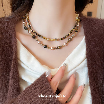 Tiger Eye Pearl Dual Strand Bead Necklace Gold Accents