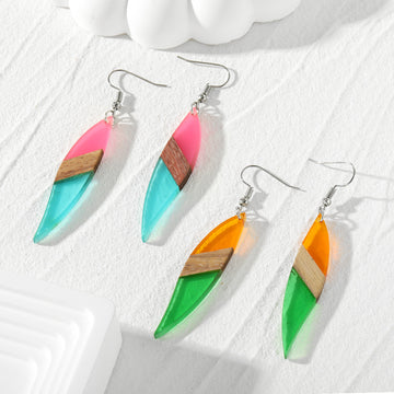Silver Tone Long Leaf Wood and Resin Hook Earrings