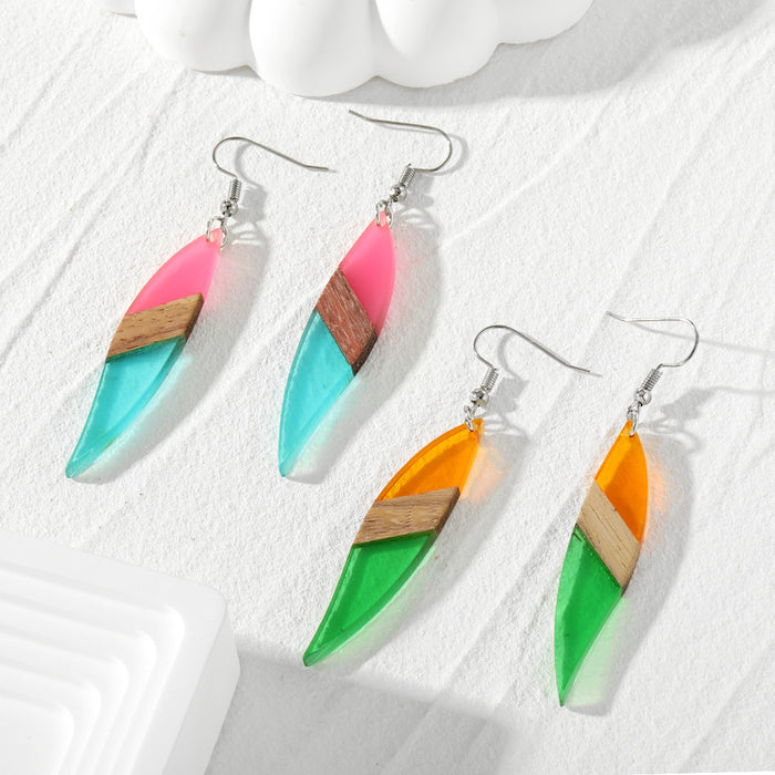 Silver Tone Long Leaf Wood and Resin Hook Earrings