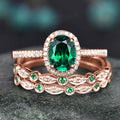 Green Oval Halo And Leaf-Vine Band Two-Ring Set In Three Tones view 6