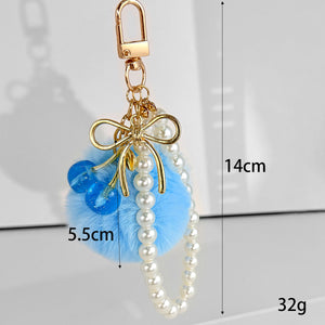 Faux Fur Pompom Bag Charm With Pearl Bead Strap and Cherry Drops