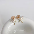 Gold Tone Rose Flower Green Leaf And White Pearl Stud Earrings view 3