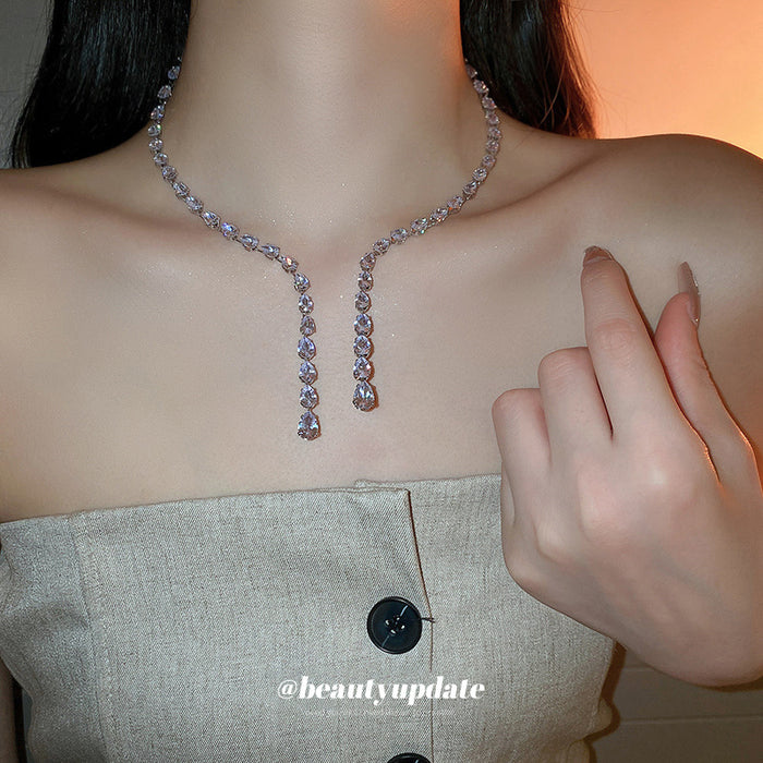Silver Teardrop Crystal Open Choker Dual Drop Ends