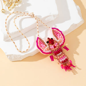 Pink Beaded Lobster Pendant Necklace On Braided Cord