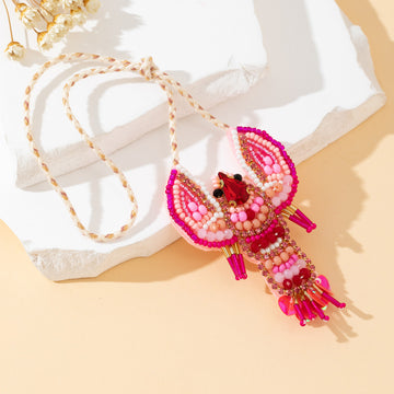 Pink Beaded Lobster Pendant Necklace On Braided Cord