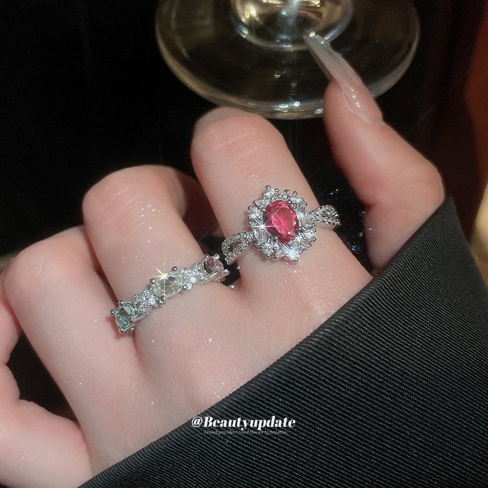 Silver Open Ring Pink Oval Halo Crystal Side Accents