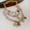 Coastal Shell and Starfish Charm Necklace with Pearl Accents view 7
