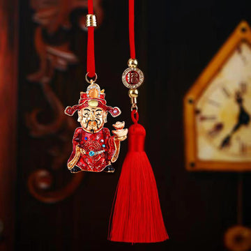 Mixed Fortune Deity Car Hangers in Six Constructions plus One Plain Red Tassel