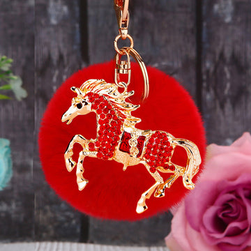 Crystal Coin Horse Keychains with Faux Fur Pompoms and Plain Options