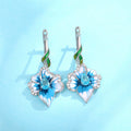 Silver Tone Blue Floral Enamel Leaf Drop Earrings Polished Metal Jewelry view 1