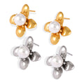 Flower Petal Stud Earrings White Pearl Center Gold Steel view 5