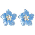 Translucent Blue Five Petal Flower And Pearl Center Stud Earrings view 5