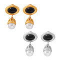 Black Agate Oval Stud Pearl Cage Drop Earrings Gold Steel view 5