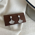 Silver Tone White Pearl Top Ginkgo Leaf Drop Earrings For Women view 1