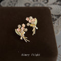 Gold Pink Enamel Flower Bouquet Leaf CZ Stud Earrings view 4