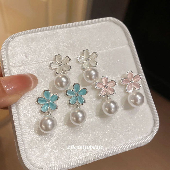 Pastel Flower Pearl Drop Stud Earrings Fashion Jewelry Accessory
