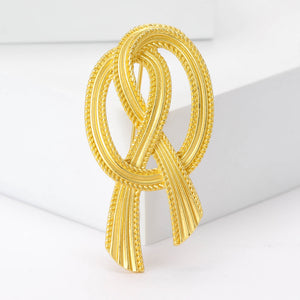 Gold Tone Woven Ribbon Knot Brooch with Crystal Rows