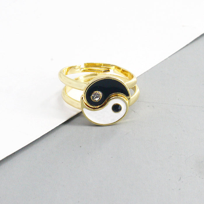 Gold Tone Black and White Yin Yang Adjustable Ring Pair