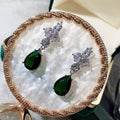 Silver Tone Green Teardrop CZ Three Leaf Drop Earrings view 2