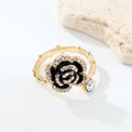 Gold Tone Black Enamel Rose Crystal Adjustable Open Ring view 2