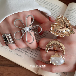 Gold Silver Open Rings Crescent Starfish Flower Dual Band
