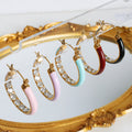Gold Enamel Hoop Earrings Inner Rhinestone Line Five Colors view 2