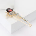 Long Gold Tone Safety Pin Brooch With Red Teardrop Flower view 2