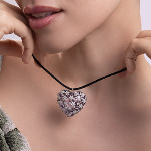 Lavender Heart Pendant Necklace With Silver Tone Crystal Filigree
