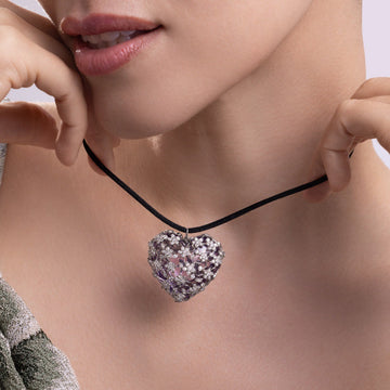 Lavender Heart Pendant Necklace With Silver Tone Crystal Filigree