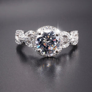 Silver Tone Round Center Ring With Interlocking Pavé Band
