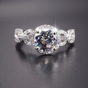 Silver Tone Round Center Ring With Interlocking Pavé Band