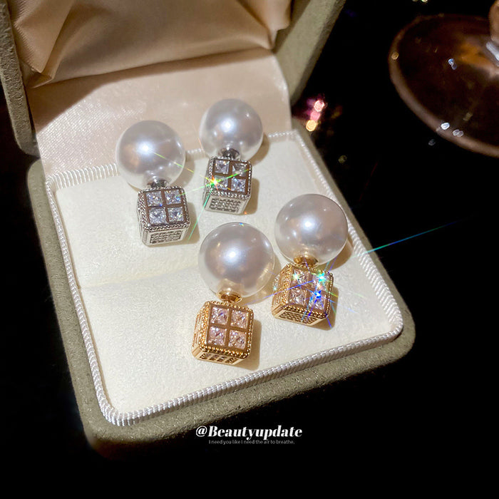 Pearl and Crystal Cube Reversible Stud Earrings with Polished Details