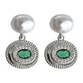 Silver Tone White Pearl Top Green Oval Medallion Drop Earrings view 5