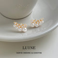 Gold Curved Pearl Clear Crystal Cluster Stud Earrings view 3
