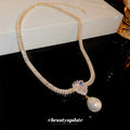 Gold Baguette Crystal Pearl Drop Choker Necklace Single Style view 2