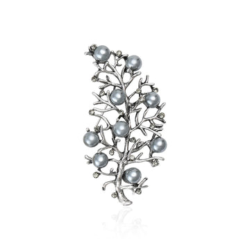 Openwork Leaf Branch Brooch With Faux Pearl Accents